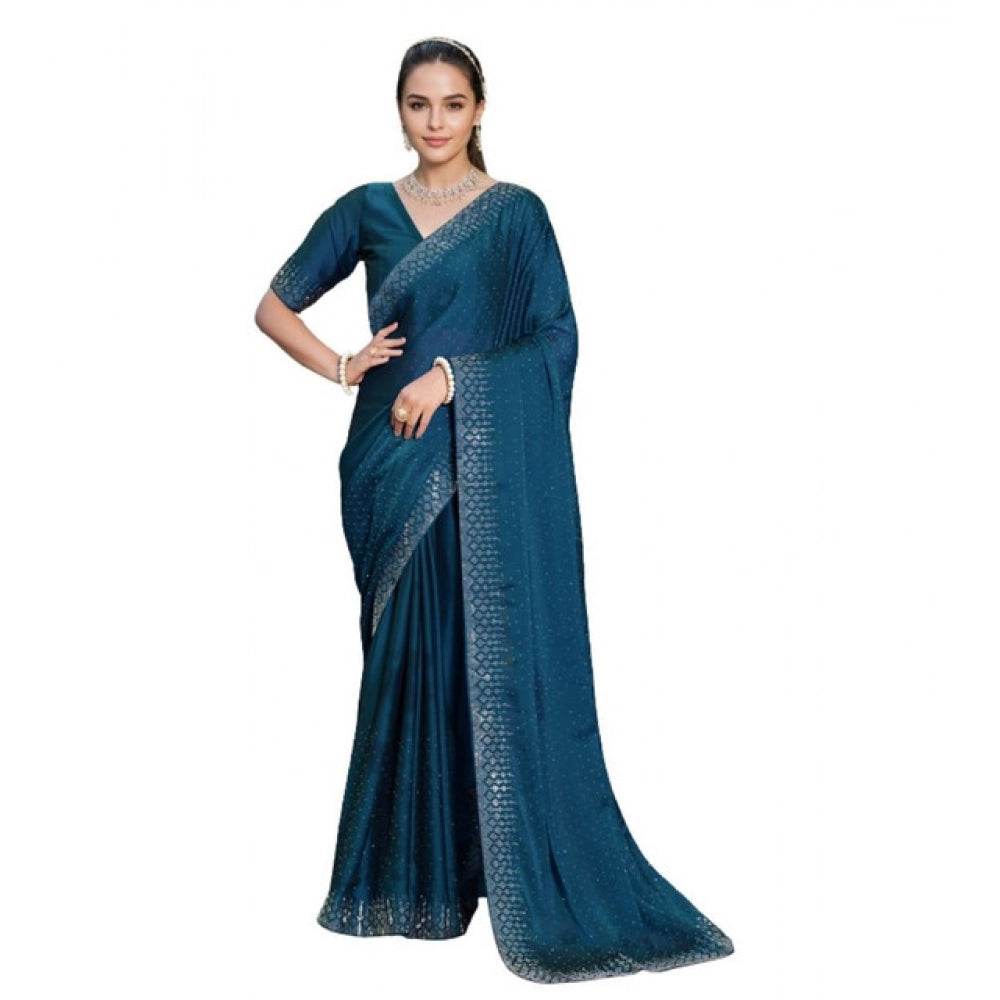 Generic Women's Rangoli Diamond Weaving - Stone Work Saree With Unstitched Blouse 5.5Mtr (Teal) - MYLUXURY LANE ENTERPRISE